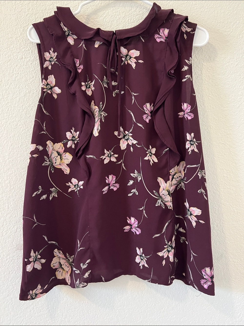 LC Lauren Conrad Plum Floral Ruffle Tie-Neck Sleeveless Top